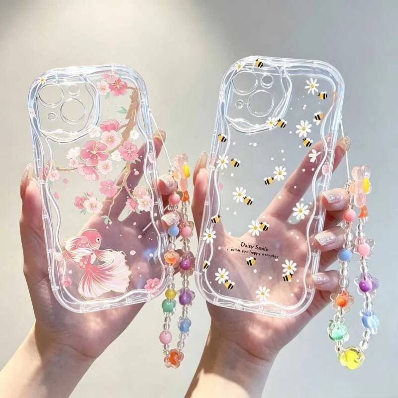 Cute Cartoon Wrist Strap Silicone Case - Cute Smile bee Flower Wrist Strap