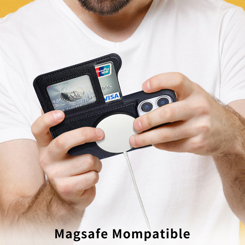 For Magsafe Magnetic Leather W - Leather Wallet Card Holder Phone Cover recension och pris